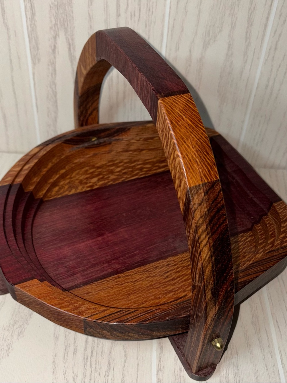 Handcrafted Two-Tone Wooden Basket Tray - Deep Mahogany & Honey Oak Accordion